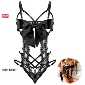Lace Bow Tie Lingerie Set Silky Polyester Adjustable Straps Valentine's Outfit